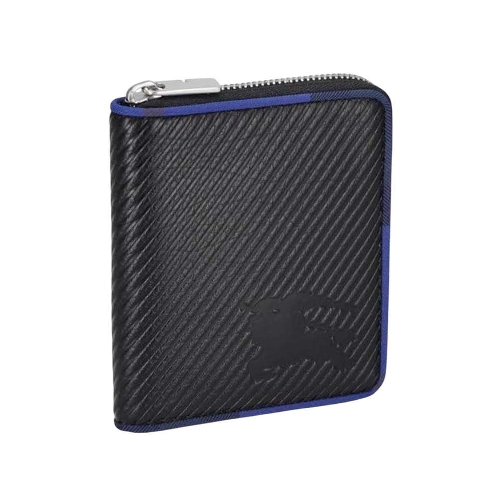 Burberry Black Leather Zip Around Bifold‎ Wallet Blue Trim Coin Pocket New